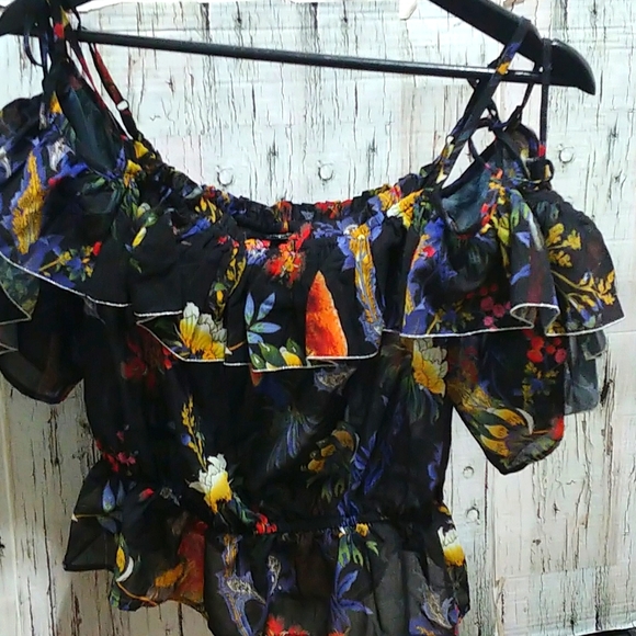 GUESS Birds of Paradise Sheer Puffy Sleeve Blouse Small - Picture 3 of 5